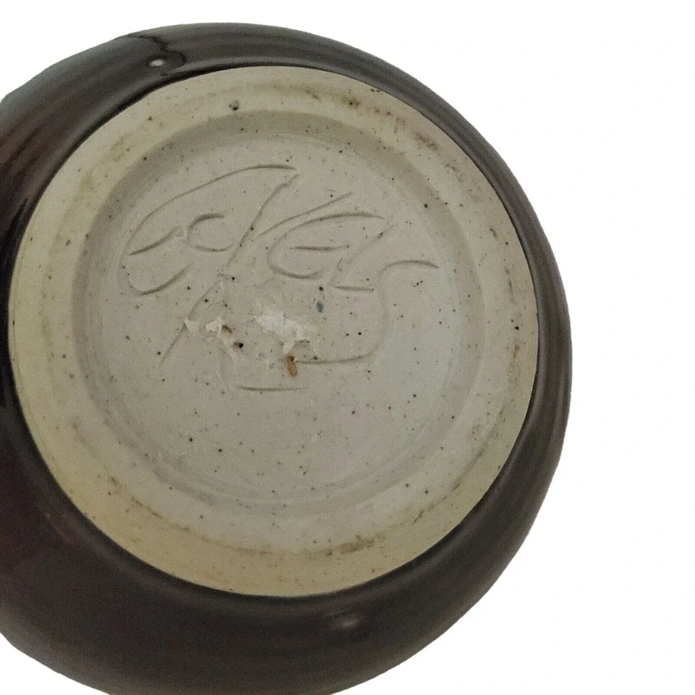 Fine Art Pottery Vase Eckles Brown Blue Olive Squat‎ Vessel Studio Ceramic Retro